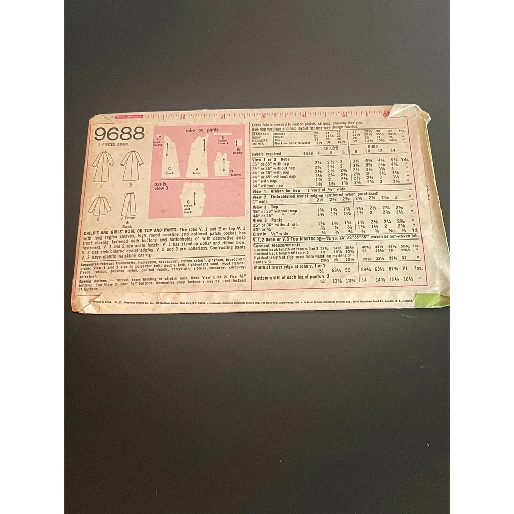 00617‎ - 1971 Simplicity 9688 Children Nightgown Pajama Robe Sewing Pattern Sz 6